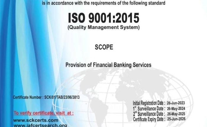 بنك التضامن يحصل على شهادة نظام إدارة الجودة ISO 9001-2015
